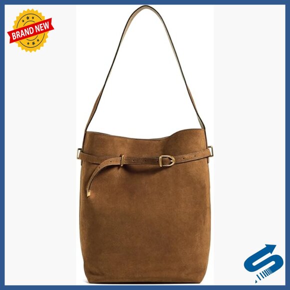 Suede Belted Bucket Tote with Adjustable Strap 14.25in Length